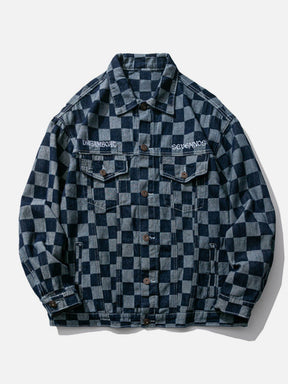 Majesda® - Embroidered Checkerboard Panel Jacket outfit ideas, streetwear fashion - majesda.com