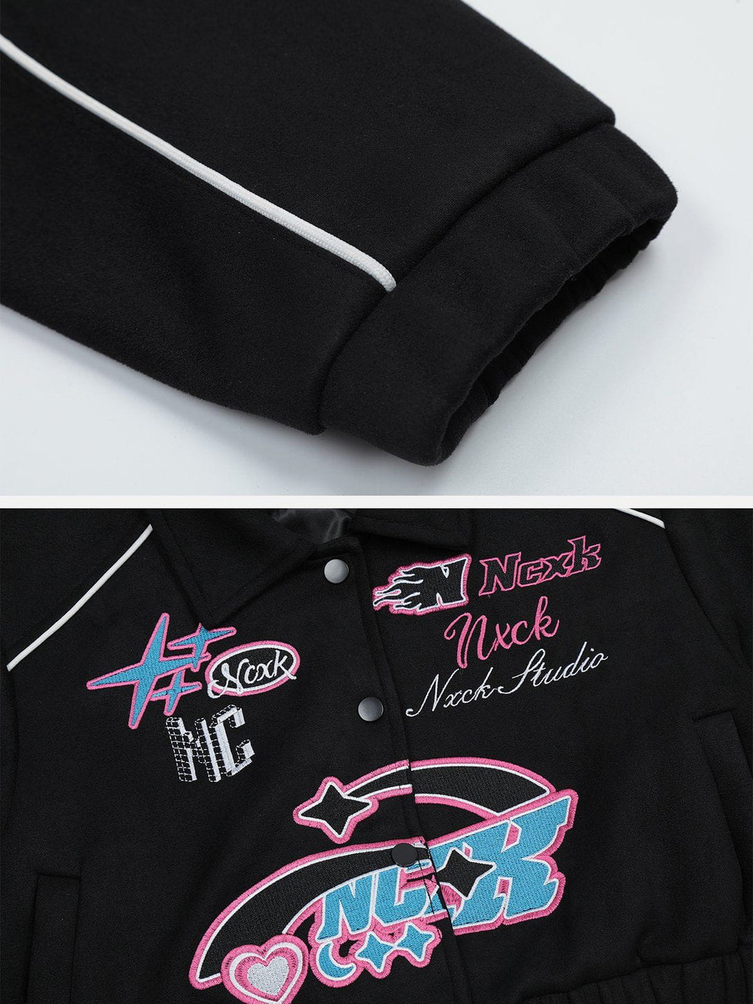 Majesda® - Embroidered Letter Racing Jacket outfit ideas, streetwear fashion - majesda.com