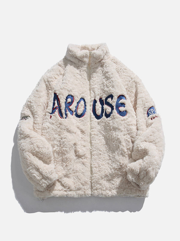 Majesda® - Embroidered Lettering Sherpa Coat outfit ideas streetwear fashion