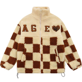 Majesda® - Embroidered Letters Lattice Sherpa Winter Coat outfit ideas streetwear fashion