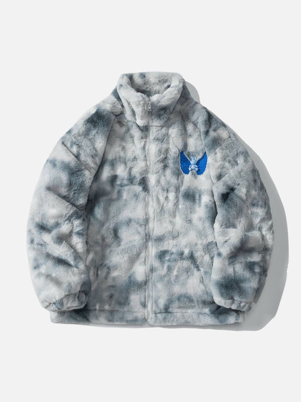 Majesda® - Embroidered Wings Bunny Label Tie Dye Sherpa Coat outfit ideas streetwear fashion