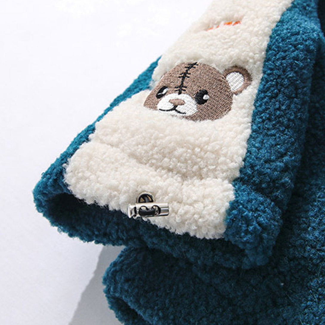 Majesda® - Embroidery Bear Patchwork Sherpa Winter Coat outfit ideas streetwear fashion