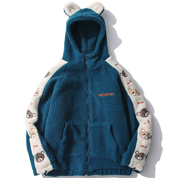 Majesda® - Embroidery Bear Patchwork Sherpa Winter Coat outfit ideas streetwear fashion