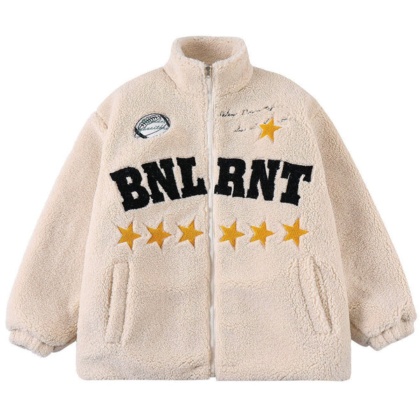 Majesda® - Five-pointed Star Letter Patch Embroidered Sherpa Winter Coat outfit ideas streetwear fashion