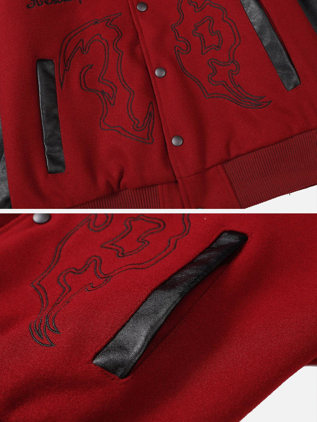 Majesda® - Flame Embroidery Patchwork PU Jacket outfit ideas, streetwear fashion - majesda.com