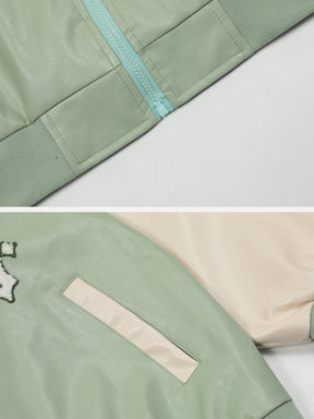 Majesda® - Flocked Letter Heart Varsity Jacket outfit ideas, streetwear fashion - majesda.com