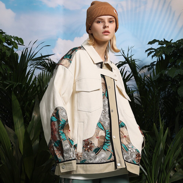 Majesda® - Floral Embroidered Beige Jacket outfit ideas, streetwear fashion - majesda.com