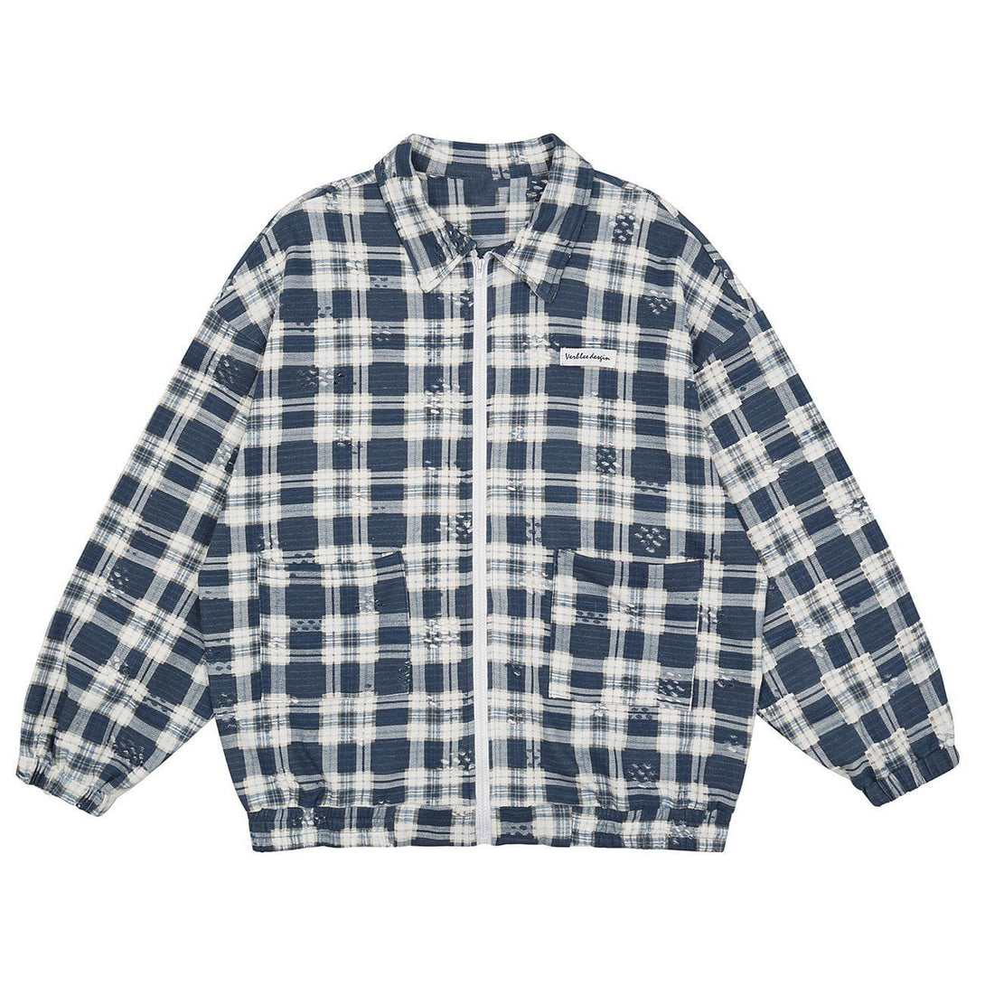 Majesda® - Frayed Check Pattern Jacket outfit ideas streetwear fashion