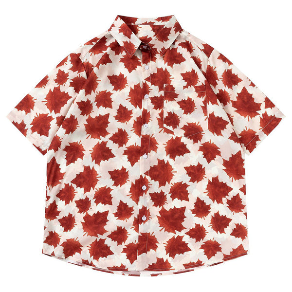 Majesda® - Full Maple Leaf Print Short Sleeve Shirt outfit ideas streetwear fashion