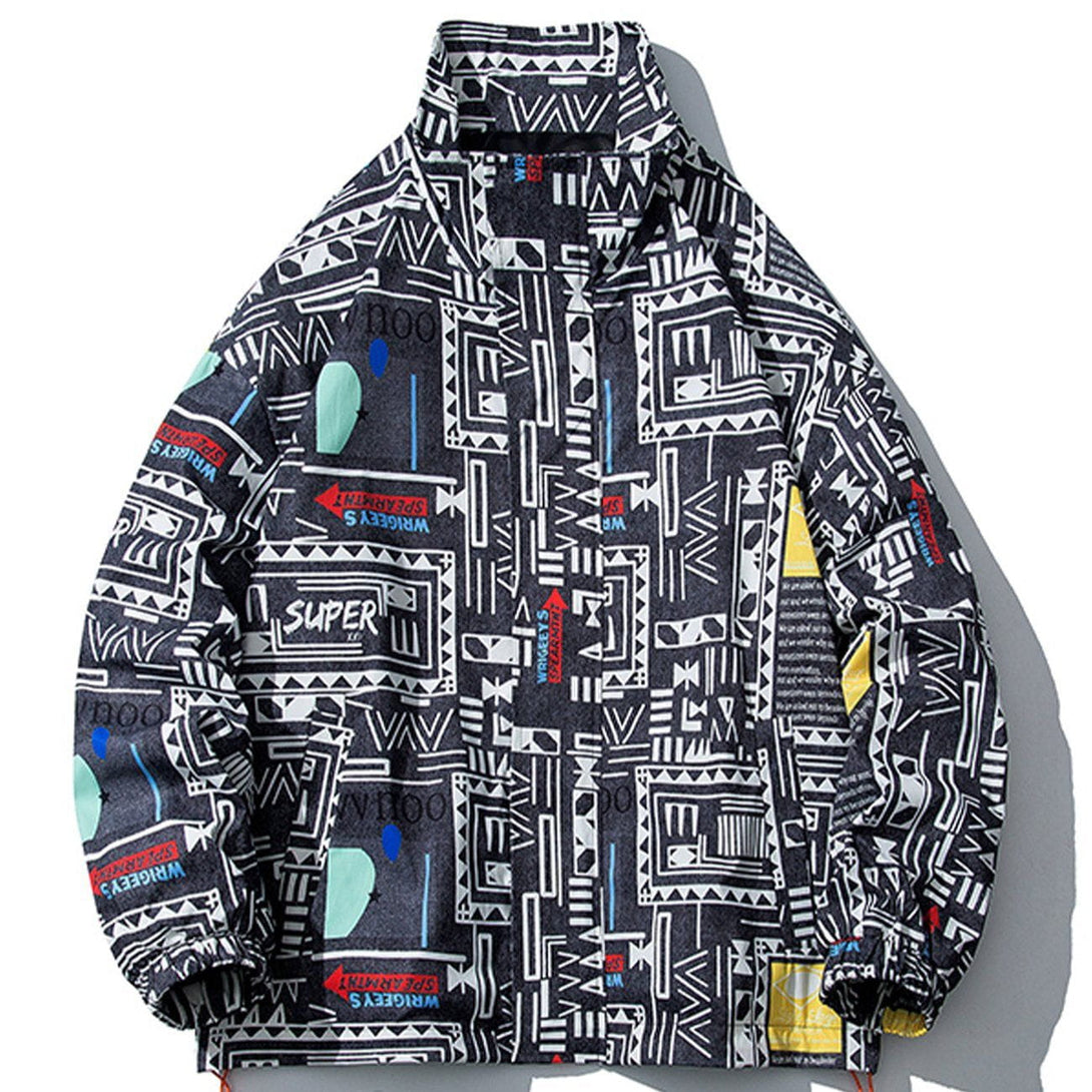 Majesda® - Geometric Graffiti Print Jacket outfit ideas, streetwear fashion - majesda.com