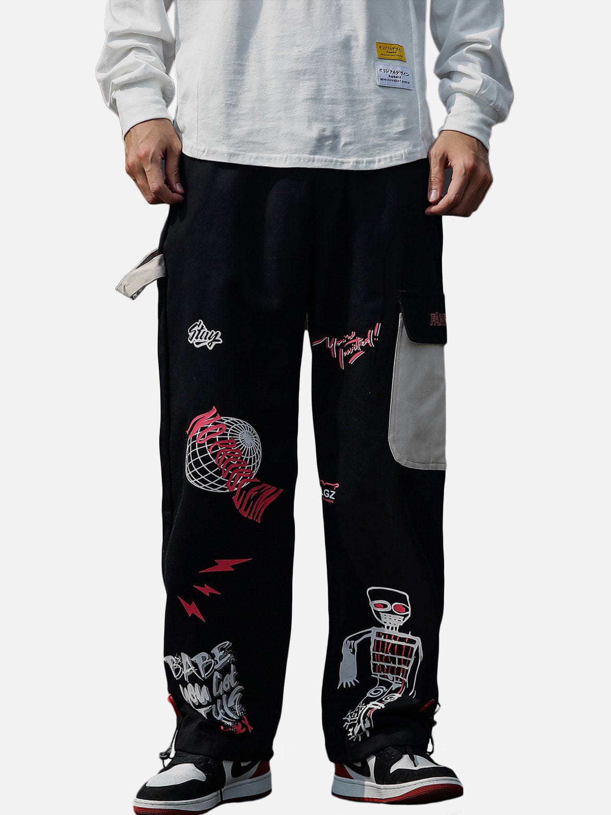 Majesda® - Graffiti Foam Print Cargo Pants outfit ideas streetwear fashion