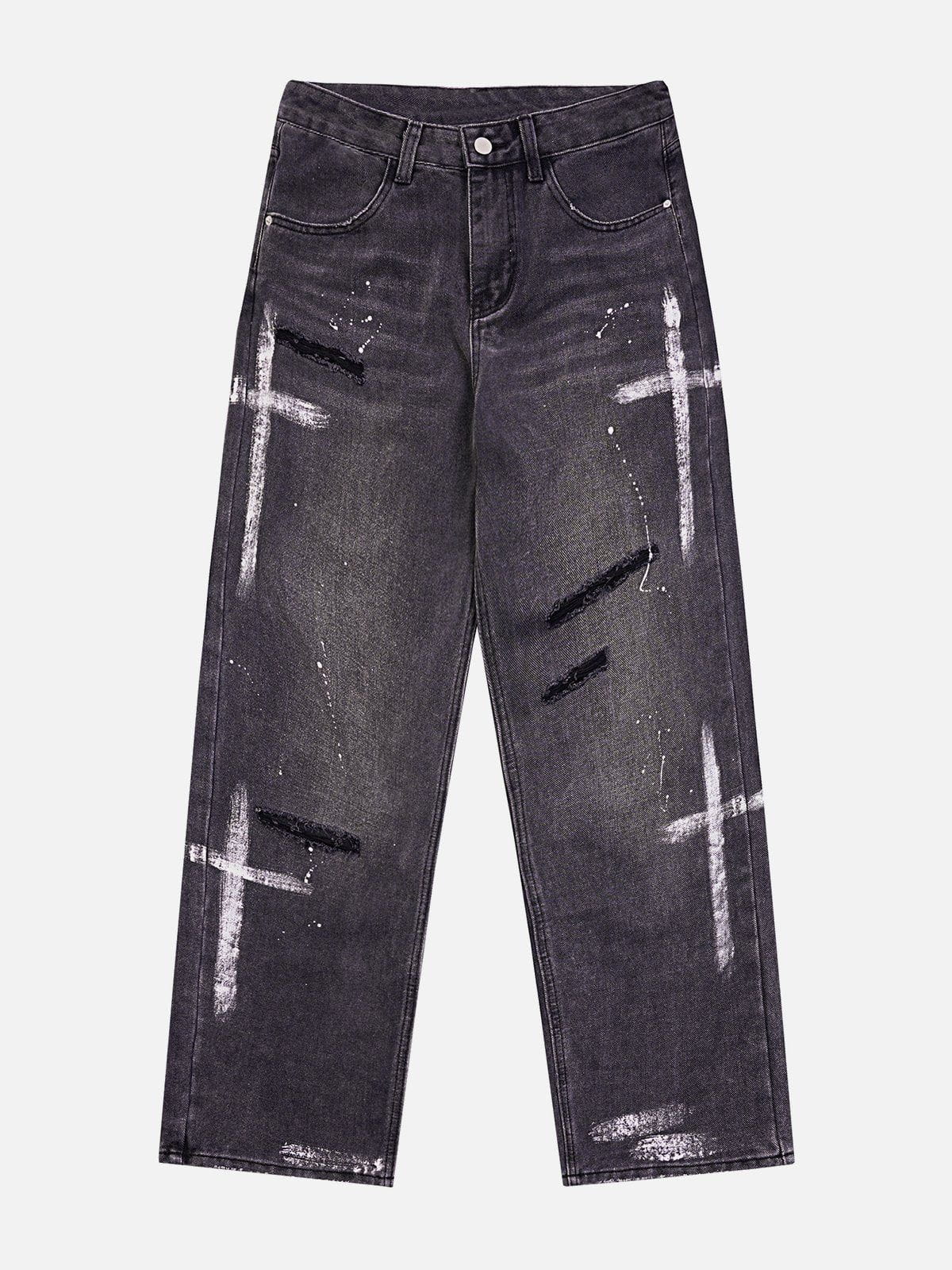 Majesda® - Hand Painted Cross Hole Jeans outfit ideas streetwear fashion
