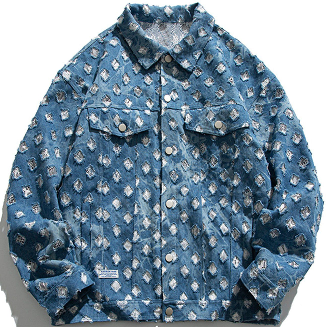 Majesda® - Lapel with Ripped Holes and Full Print Jacket outfit ideas, streetwear fashion - majesda.com
