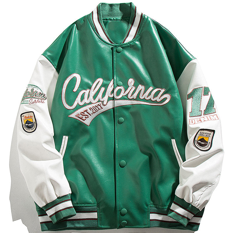 Majesda® - Leather Baseball Jacket Embroidered outfit ideas, streetwear fashion - majesda.com