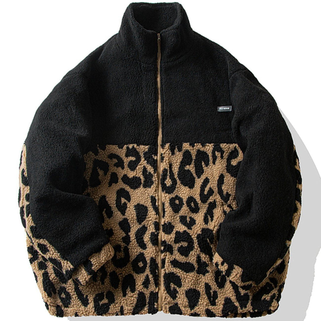 Majesda® - Leopard Camouflage Patchwork Sherpa Winter Coat outfit ideas streetwear fashion