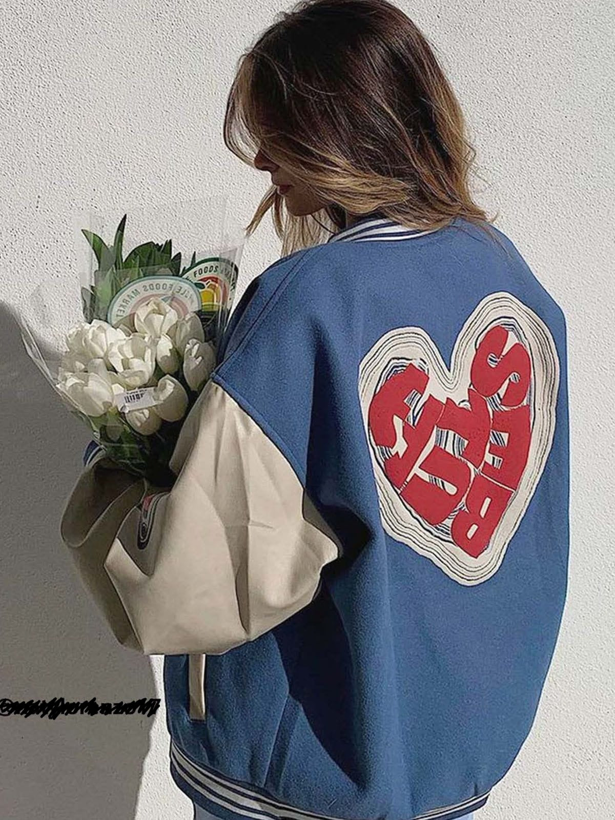 Majesda® - Letter Love Foaming Varsity Jacket outfit ideas, streetwear fashion - majesda.com