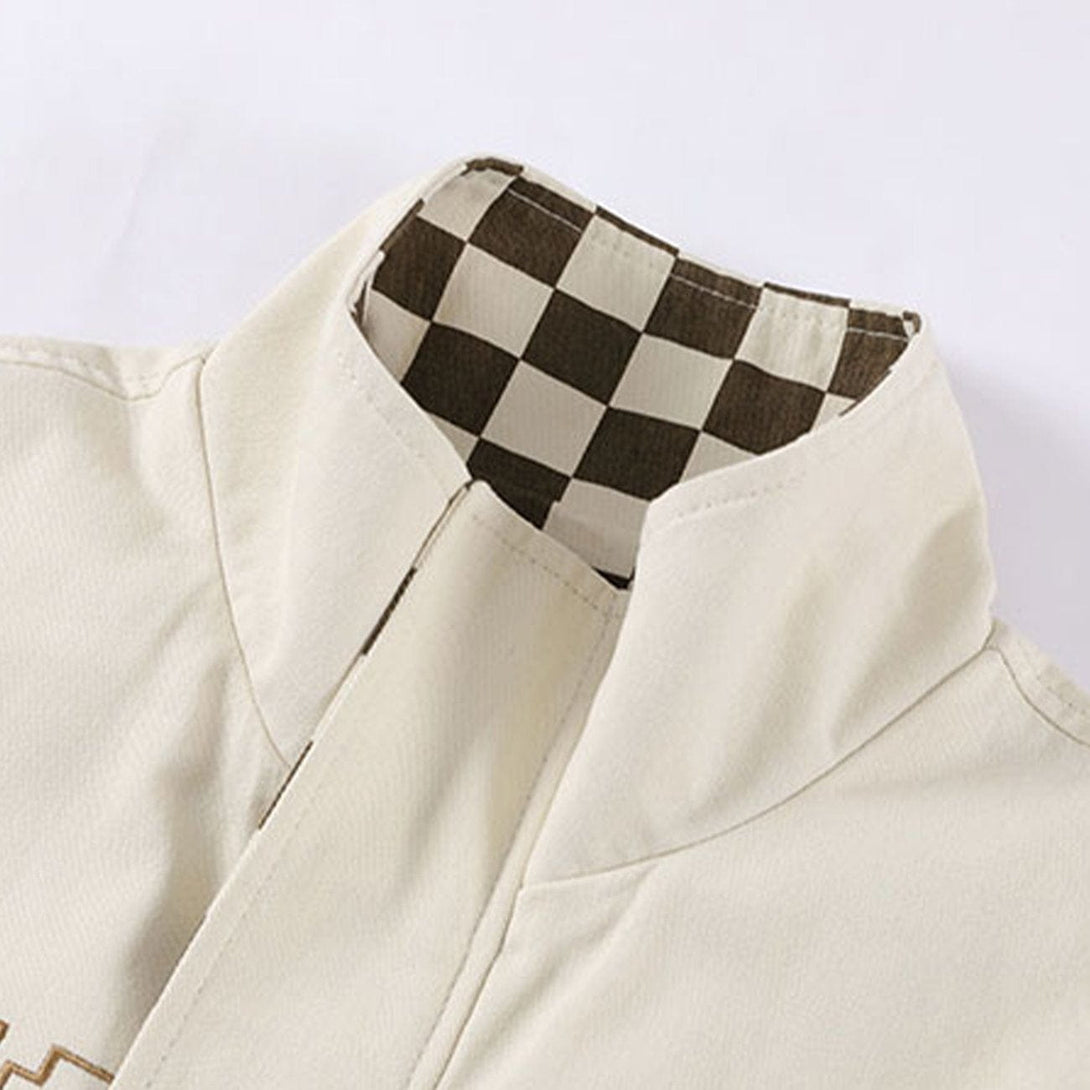 Majesda® - Letter Print Stitching Checkerboard Jacket outfit ideas, streetwear fashion - majesda.com