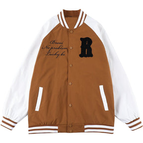 Majesda® - Letter "R" Embroidered Varsity Jacket outfit ideas, streetwear fashion - majesda.com