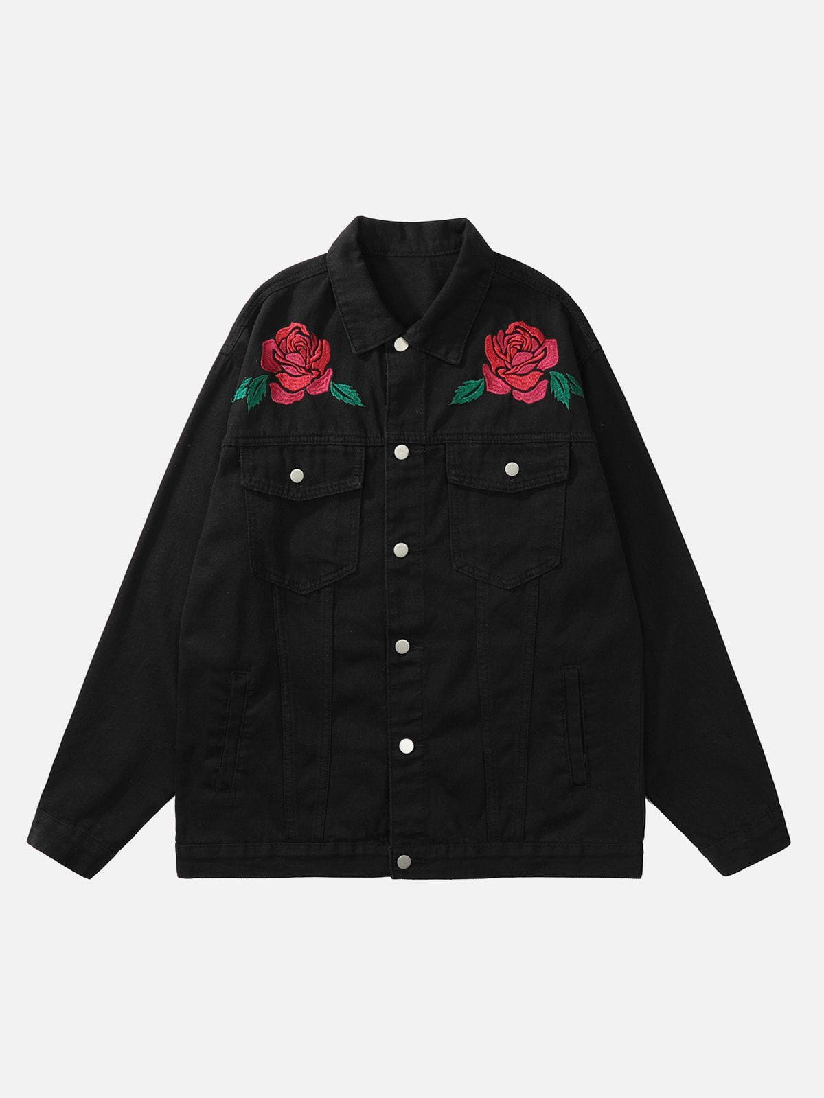 Majesda® - Letter Rose Button Denim Jacket outfit ideas, streetwear fashion - majesda.com