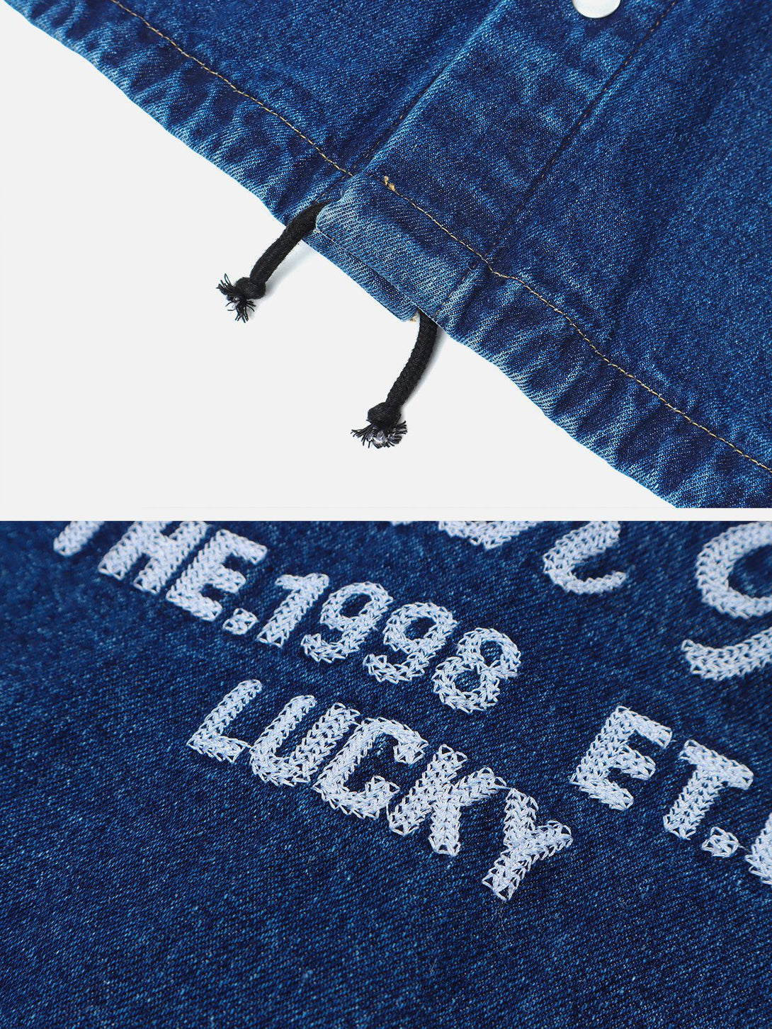 Majesda® - Lucky Number Embroidered Denim Jacket outfit ideas, streetwear fashion - majesda.com