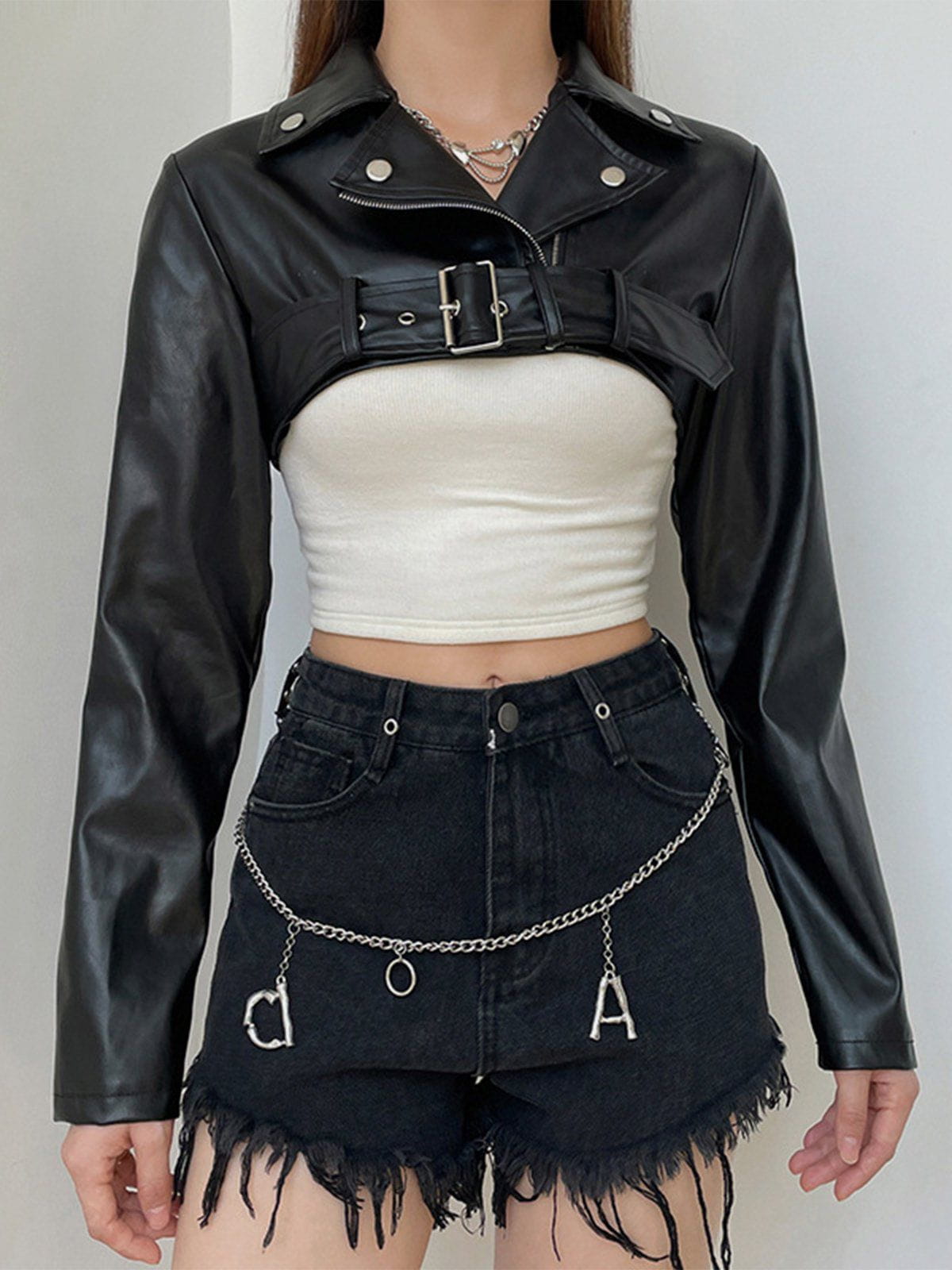Majesda® - Metal Buckle Zipper Leather Racing Jacket outfit ideas, streetwear fashion - majesda.com