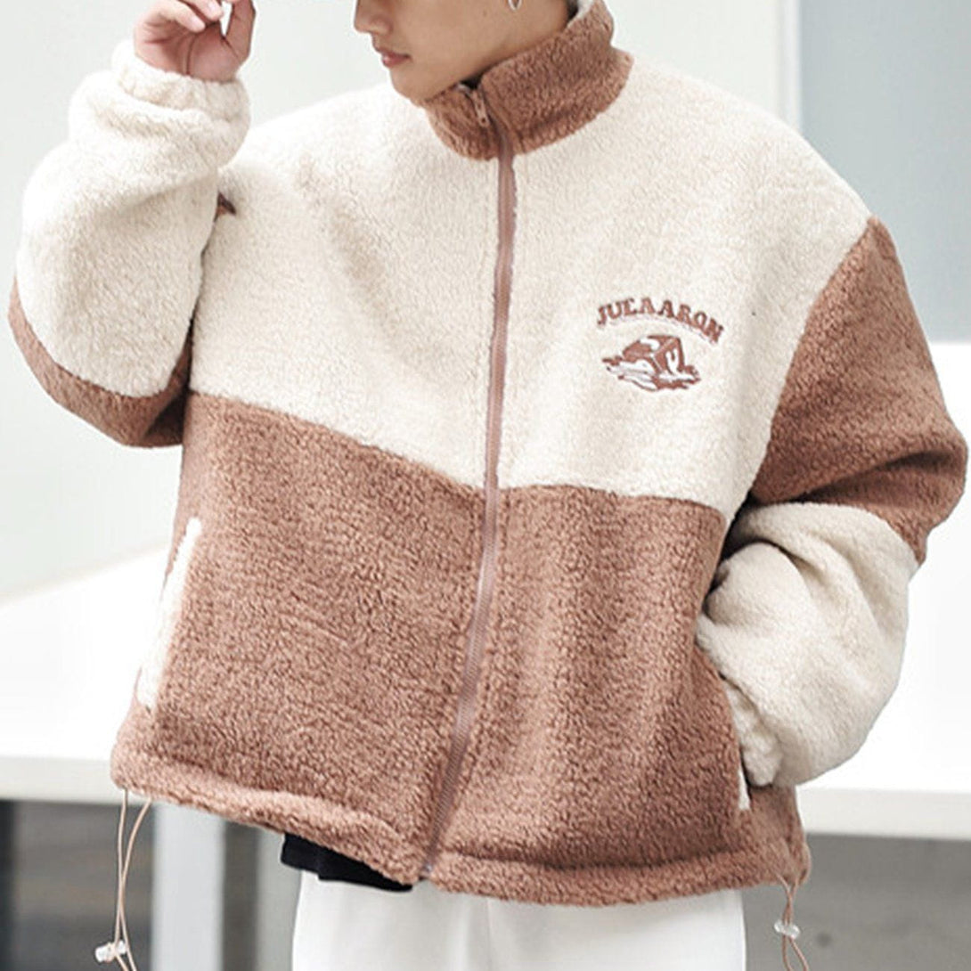 Majesda® - Monogram Embroidery Contrast Color Sherpa Winter Coat outfit ideas streetwear fashion