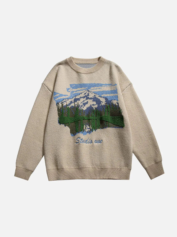 Majesda® - Oil Painting Mountain Sweater outfit ideas streetwear fashion