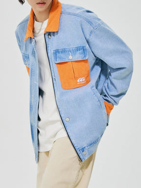 Majesda® - Orange Corduroy Patchwork Denim Jacket outfit ideas, streetwear fashion - majesda.com