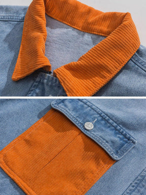 Majesda® - Orange Corduroy Patchwork Denim Jacket outfit ideas, streetwear fashion - majesda.com
