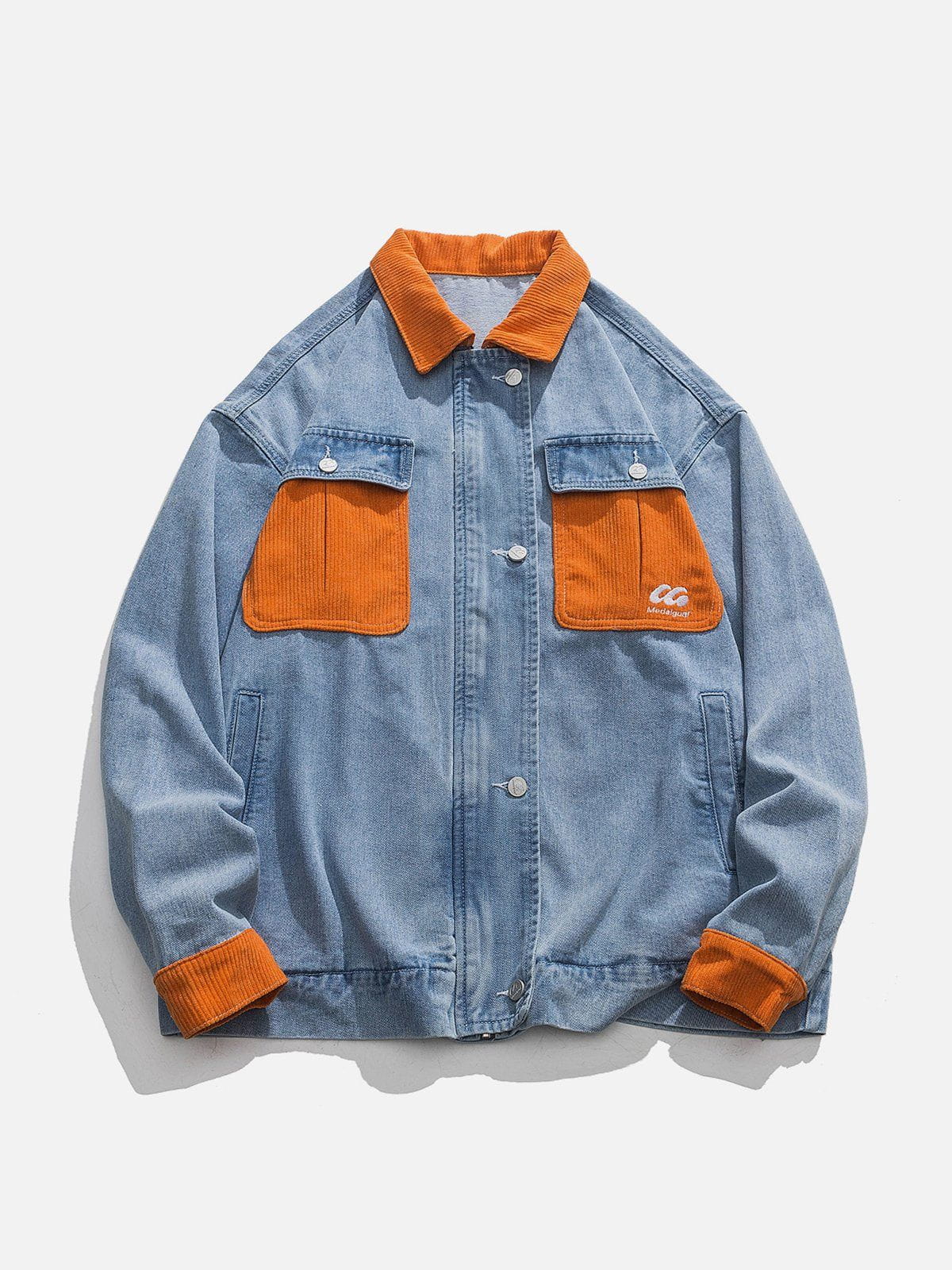 Majesda® - Orange Corduroy Patchwork Denim Jacket