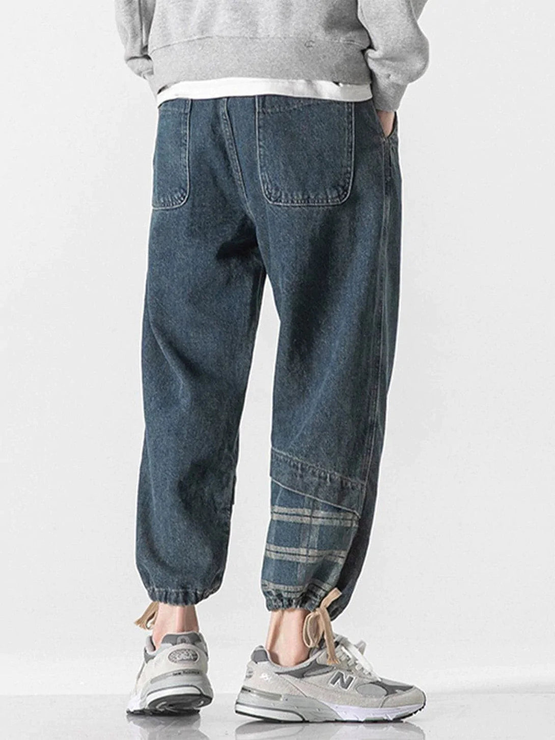 Majesda® - Panelled Plaid Belt Embellished Jeans outfit ideas streetwear fashion
