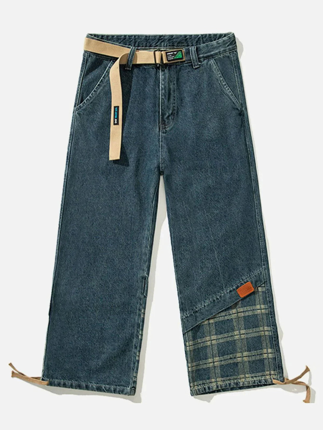 Majesda® - Panelled Plaid Belt Embellished Jeans outfit ideas streetwear fashion