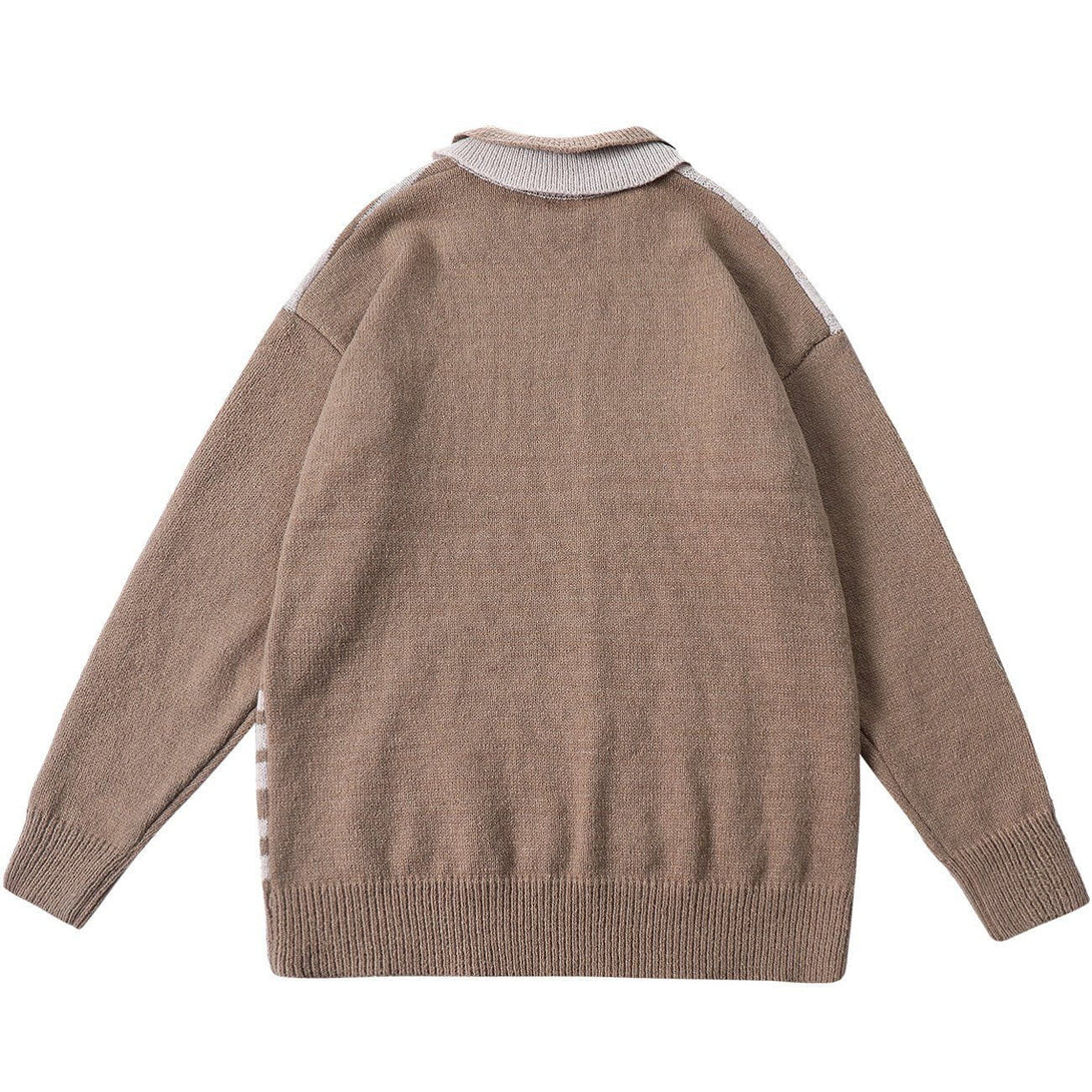 Majesda® - Panelled Striped Lapel Knit Sweater outfit ideas streetwear fashion