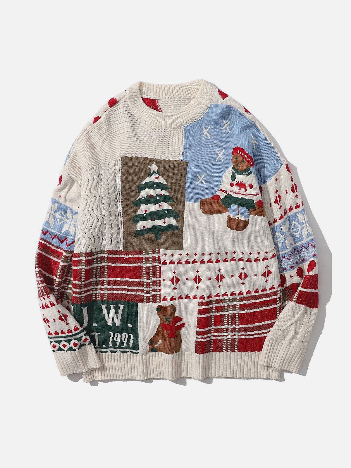 Majesda® - Patchwork Animal Bear Knit Sweater outfit ideas streetwear fashion
