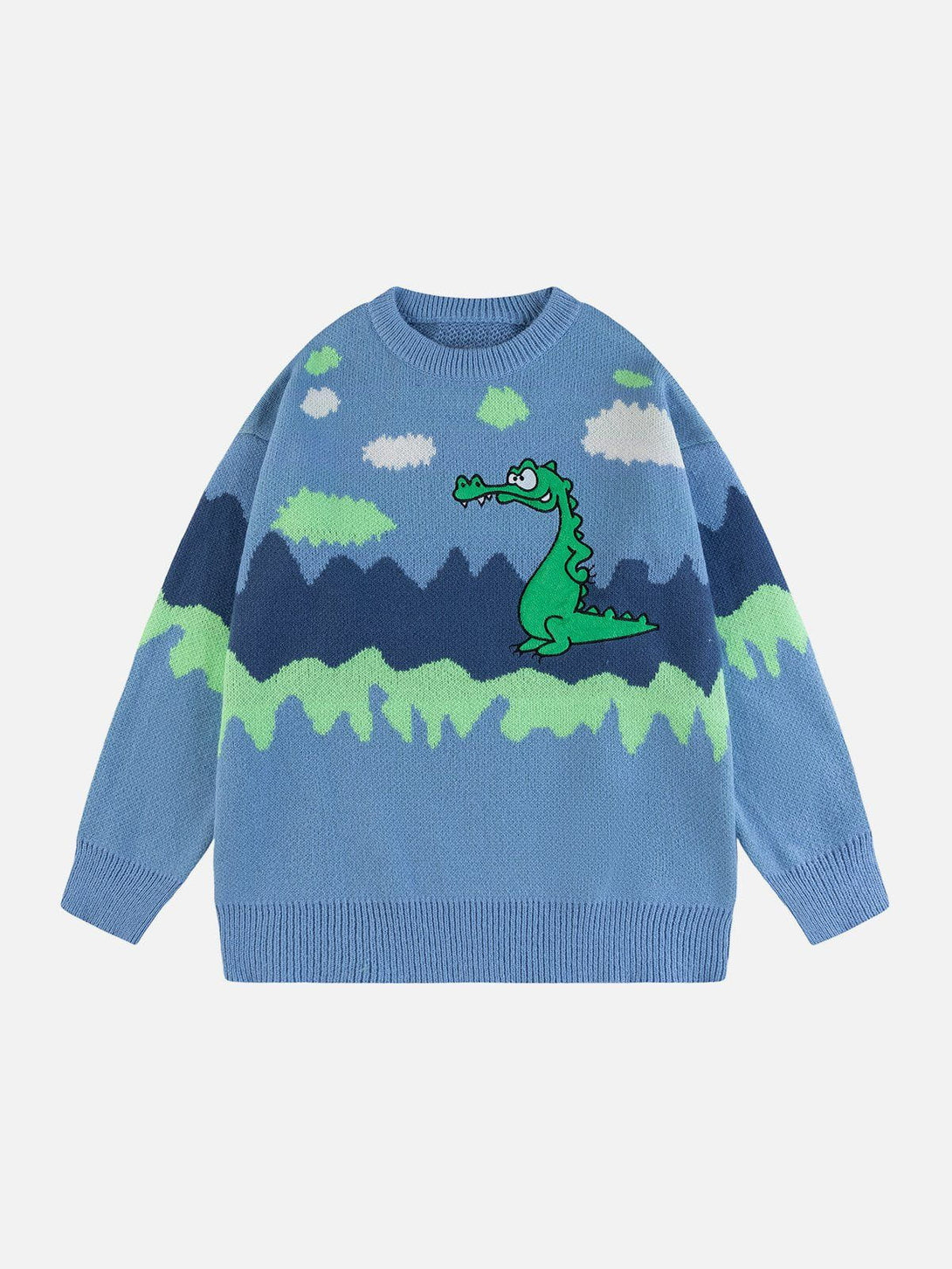 Majesda® - Patchwork Fun Dinosaur Sweater outfit ideas streetwear fashion