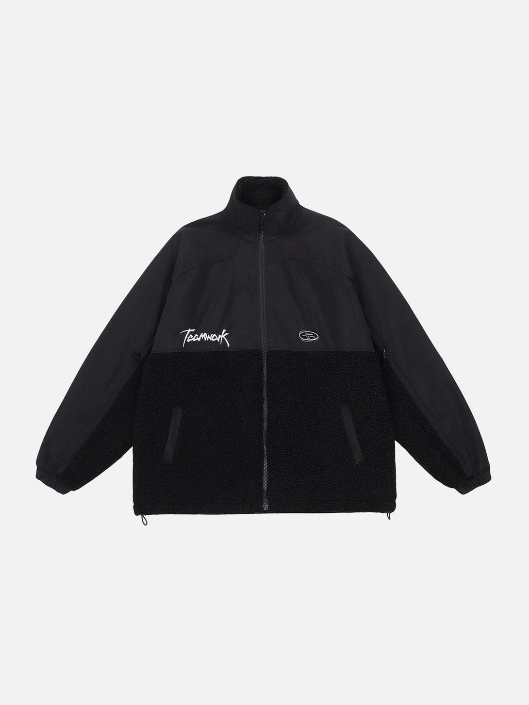 Majesda® - Patchwork Labeling Sherpa Jacket outfit ideas, streetwear fashion - majesda.com