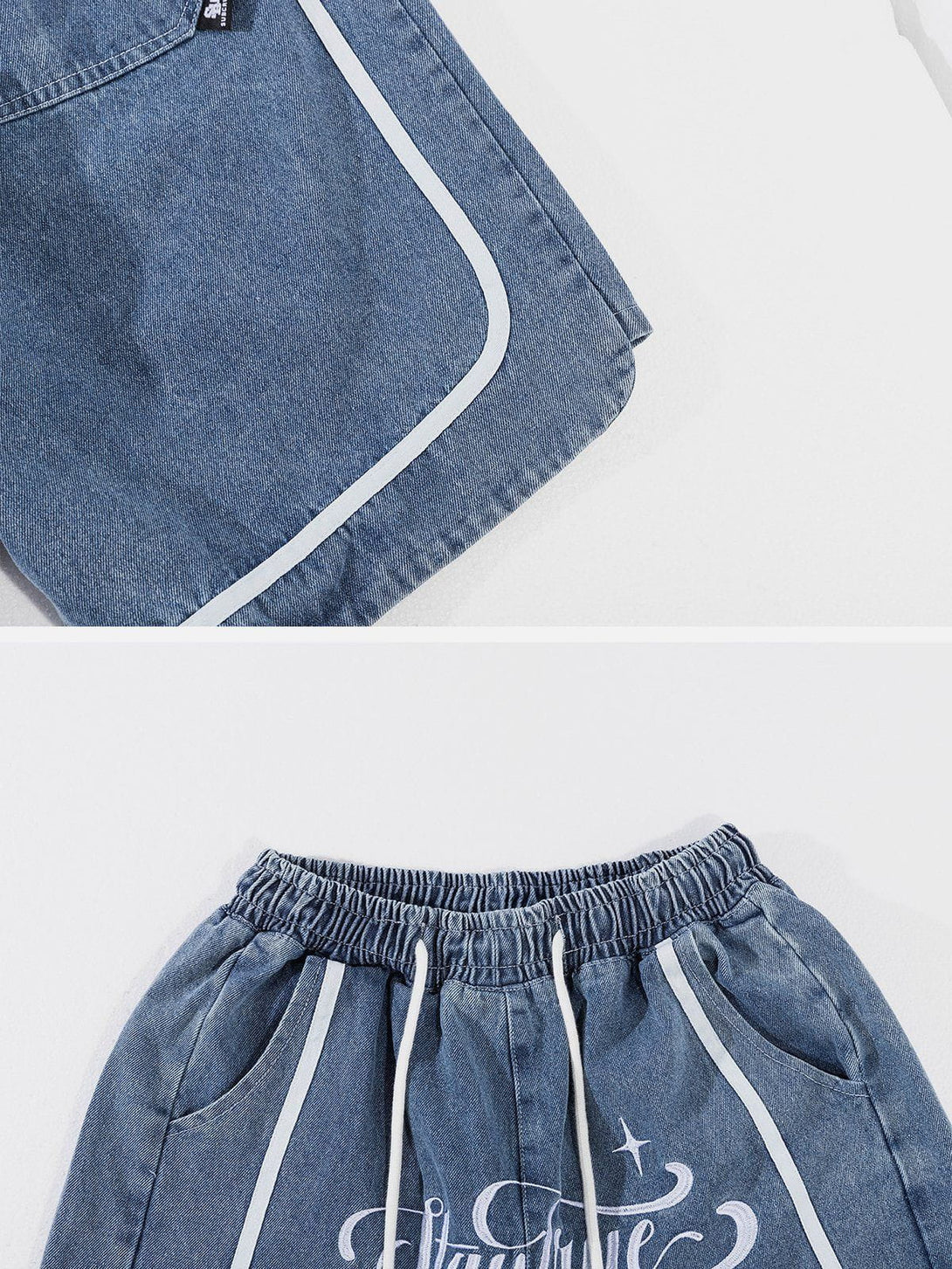 Majesda® - Patchwork Letter Denim Shorts outfit ideas streetwear fashion