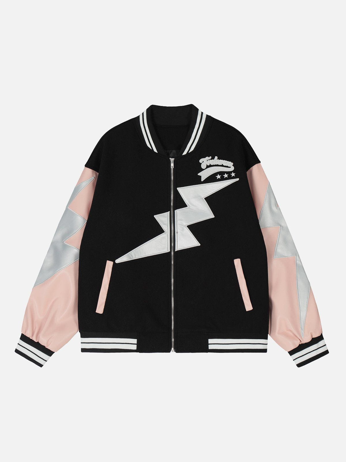 Majesda® - Patchwork Lightning Varsity Jacket outfit ideas, streetwear fashion - majesda.com