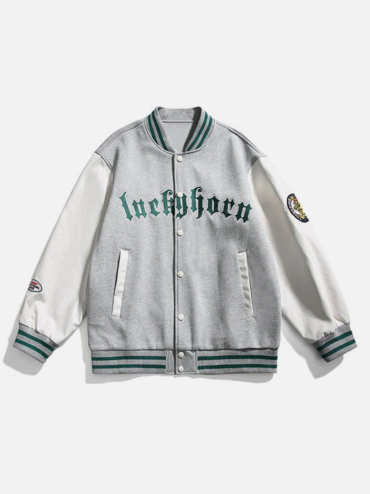 Majesda® - Patchwork "Luckyhorn" Varsity Jackets outfit ideas, streetwear fashion - majesda.com