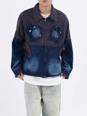 Majesda® - Patchwork Multi-pocket Denim Jacket outfit ideas, streetwear fashion - majesda.com