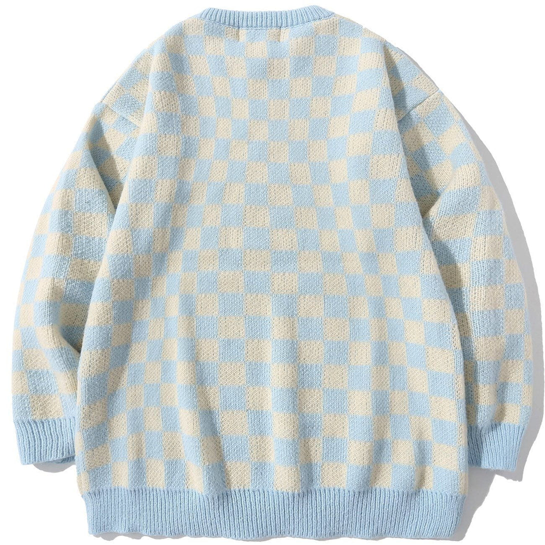 Majesda® - Plaid Checkerboard Pattern Knit Sweater outfit ideas streetwear fashion