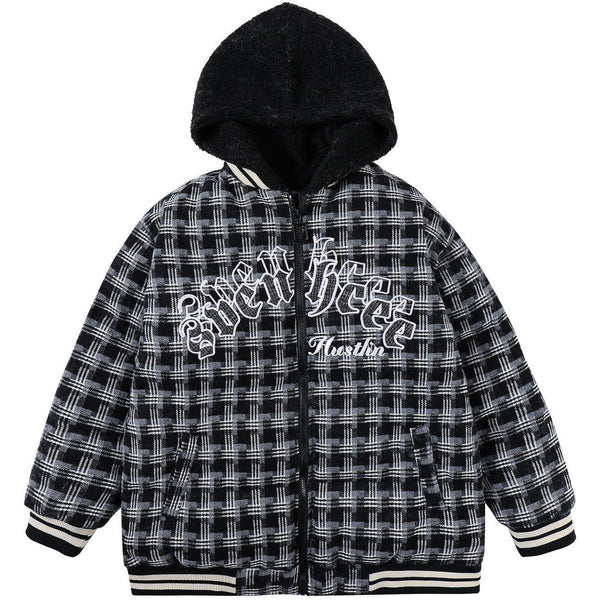 Majesda® - Plaid Patchwork Embroidery Hooded Winter Coat outfit ideas streetwear fashion