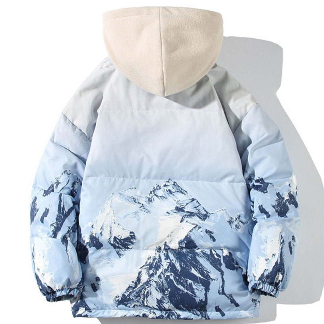 Majesda® - Printed Snow Mountain Hooded Puffer Jacket outfit ideas streetwear fashion