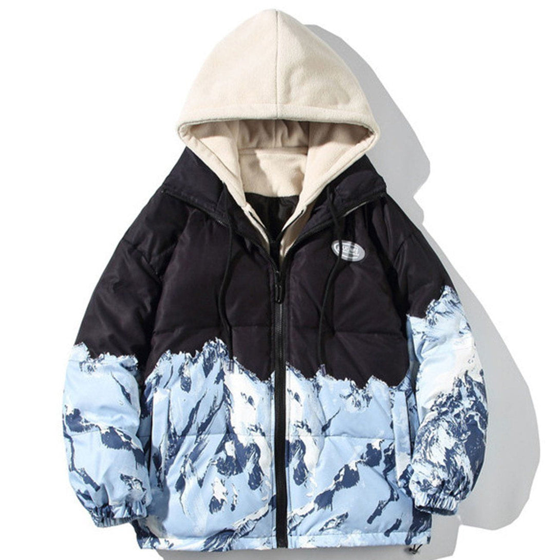 Majesda® - Printed Snow Mountain Hooded Puffer Jacket outfit ideas streetwear fashion