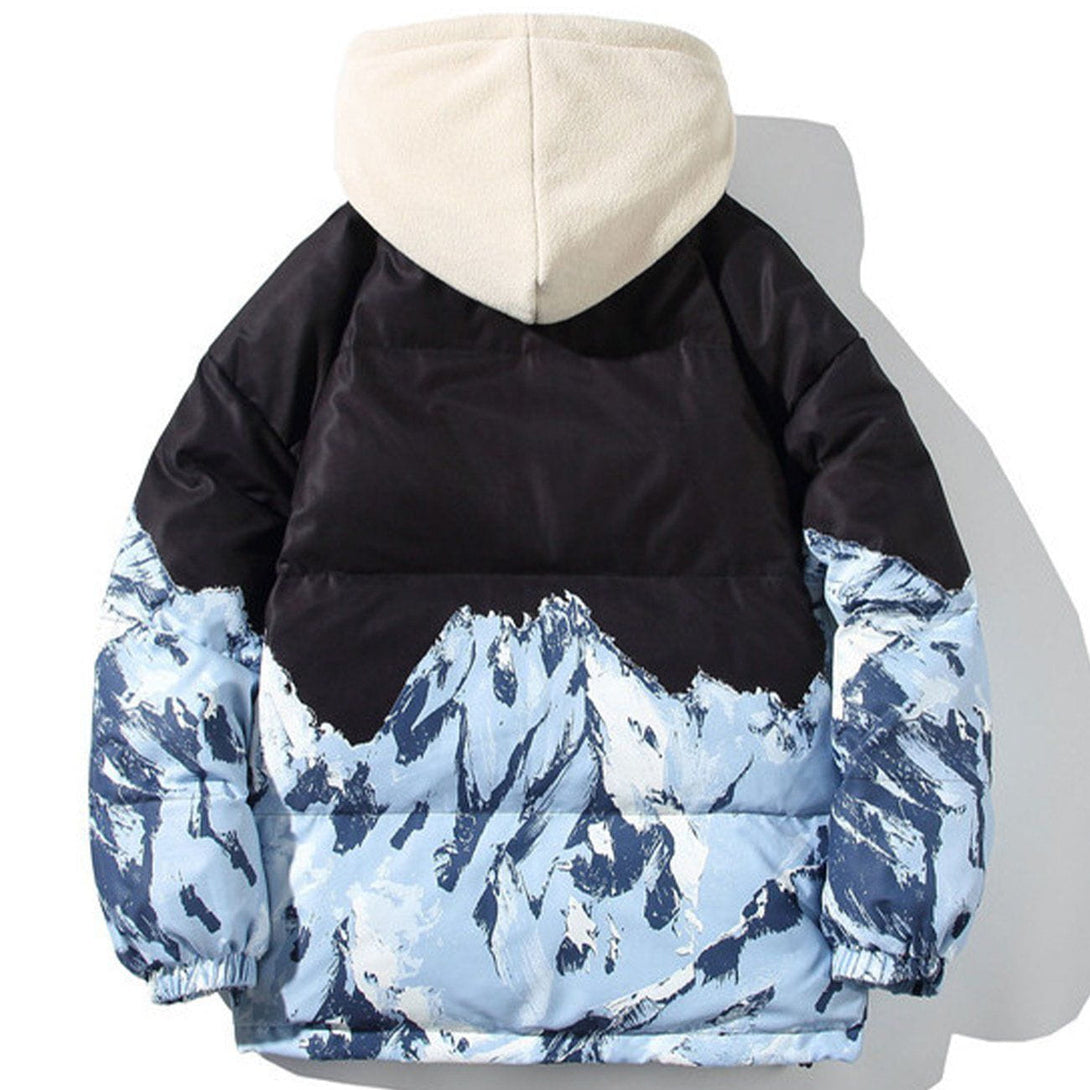 Majesda® - Printed Snow Mountain Hooded Puffer Jacket outfit ideas streetwear fashion