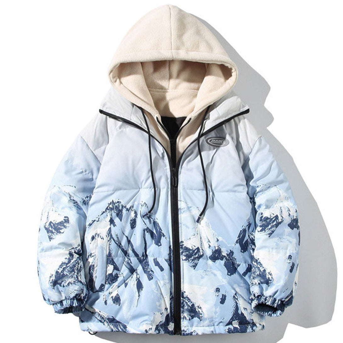 Majesda® - Printed Snow Mountain Hooded Puffer Jacket outfit ideas streetwear fashion