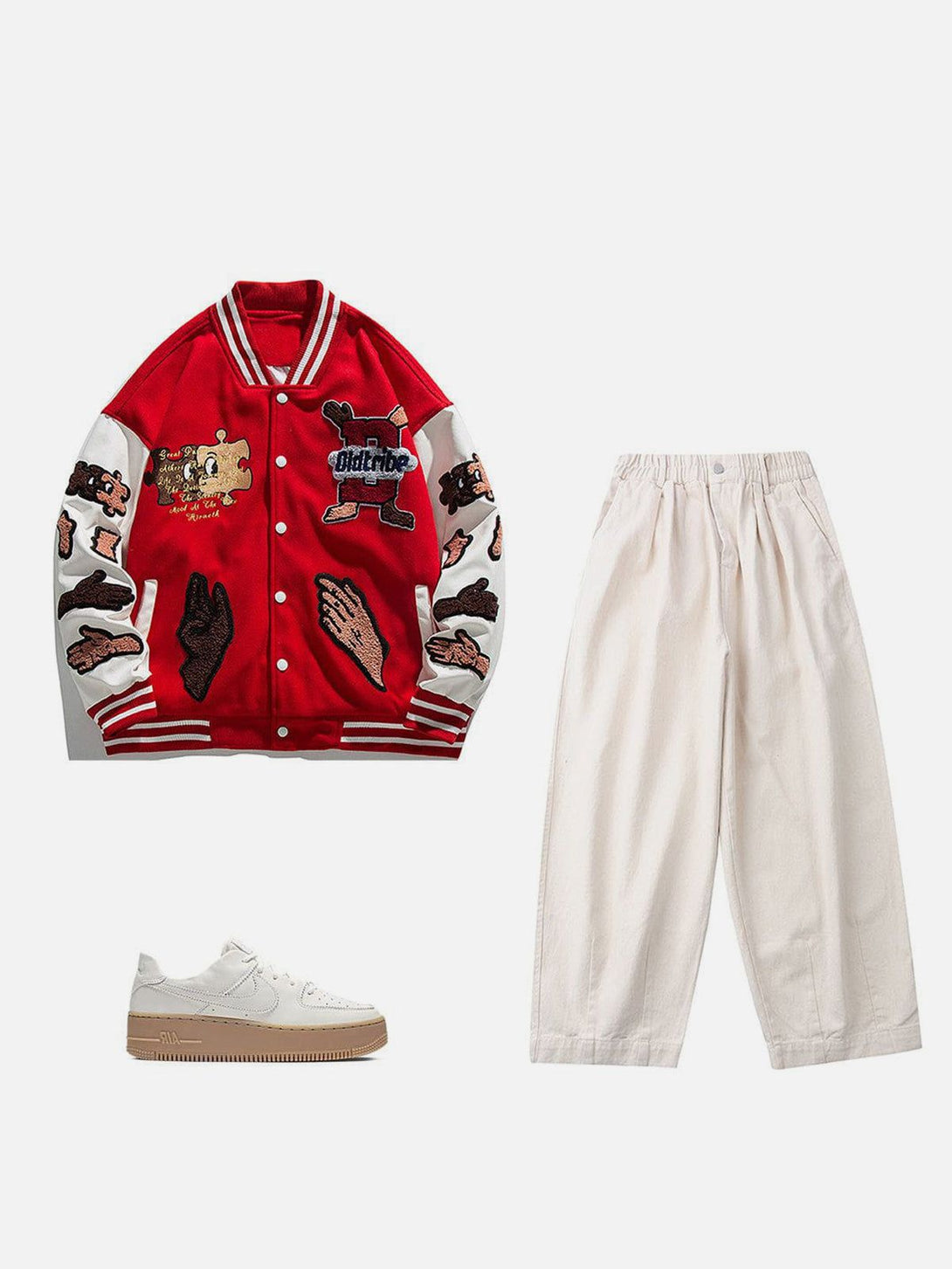 Majesda® - Puzzle Embroidery Varsity Jacket outfit ideas, streetwear fashion - majesda.com