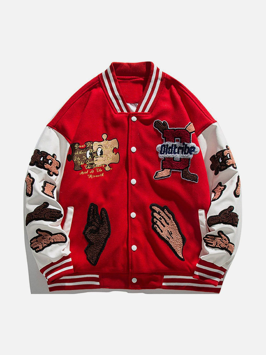 Majesda® - Puzzle Embroidery Varsity Jacket outfit ideas, streetwear fashion - majesda.com