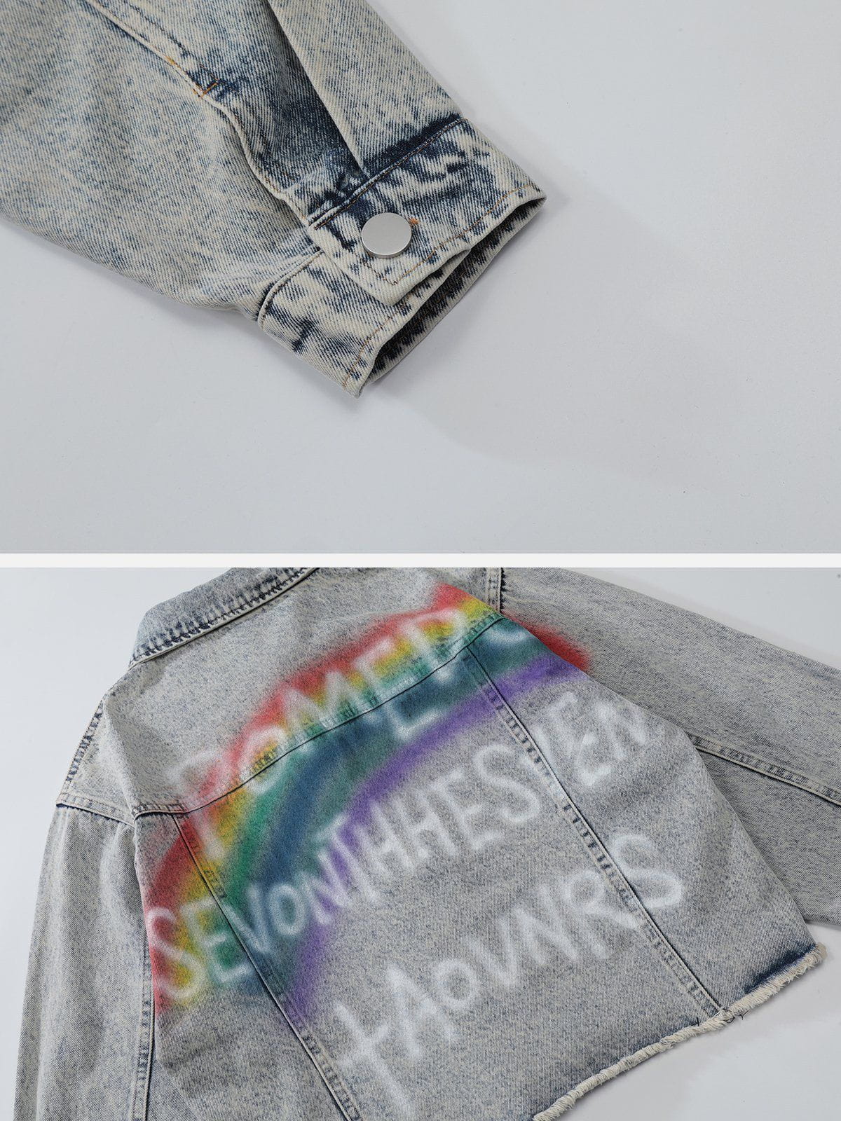 Majesda® - Rainbow Letter Print Denim Jacket outfit ideas, streetwear fashion - majesda.com