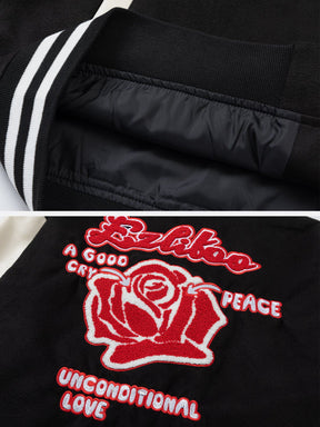 Majesda® - Rose Flocking Print Varsity Jacket outfit ideas, streetwear fashion - majesda.com